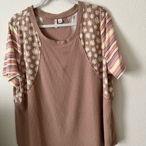 Cato Brown Floral and Striped Short Sleeve Top